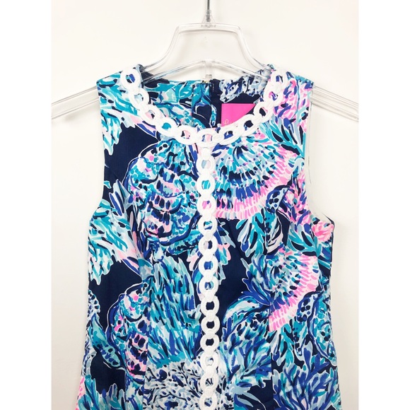 Lilly Pulitzer Floral Turquoise Blue,and Pink Dress with White Lace Trim - 0 - Picture 3 of 6